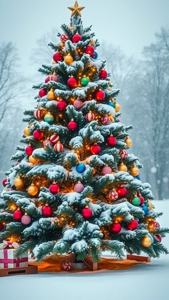 Aesthetic Christmas tree surrounded by snow in a winter landscape.